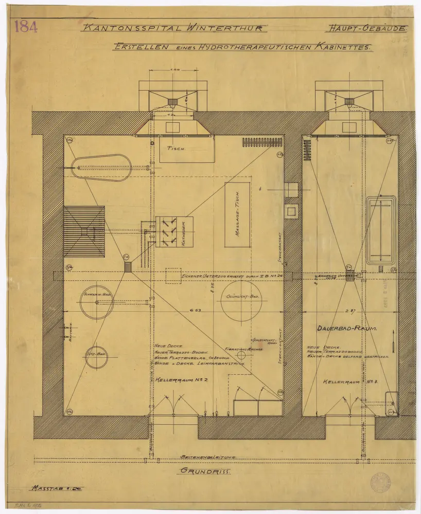 Winterthur: Kantonsspital, Hauptgebäude, Hydrotherapeutisches Kabinett, Einrichtung; Grundriss (Nr. 184)