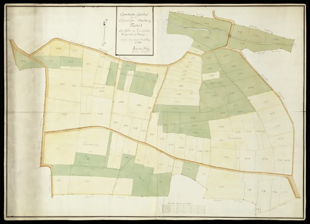 HZAN GA 100_Nr. 317_ : Oberhof (Kr. Öhringen); "Geometrischer Grundriß über die Oberhöfer Markung, Tractus I" [Kubachholz, Neugereut und Seewiese];Augustin Haag, Geometer in Künzelsau;60 Ruten = 14,6 cm;102,5 x 72,5 cm; Norden oben nach rechts abweichend;Federzeichnung; Grundstücke farbig hervorgehoben.