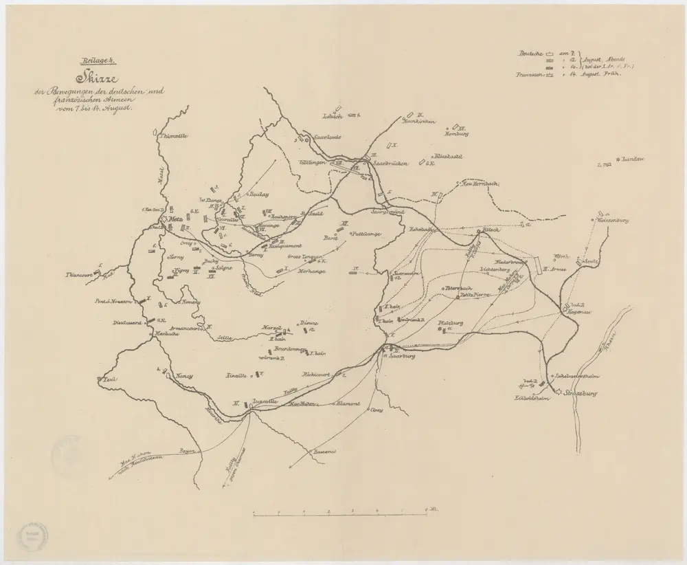 Skizze der Bewegungen der deutschen und französischen Armeen vom 7. bis 14. August