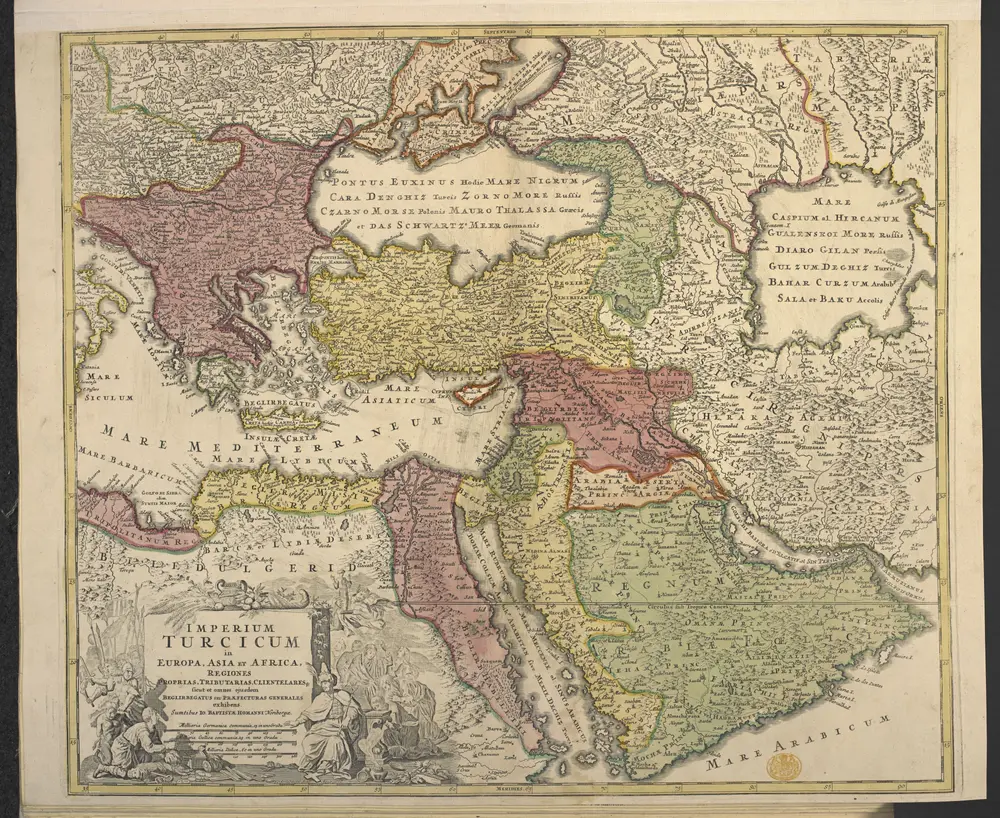 IMPERIUM TURCICUm in EUROPA, ASIA ET AFRICA, REGIONS PROPRIAS, TRIBUTARIAS, CLIENTELARESq. sicut et omnes ejusdem BEGLIRBEGATUS SEU PRAEFECTURAS GENERALES exhibens