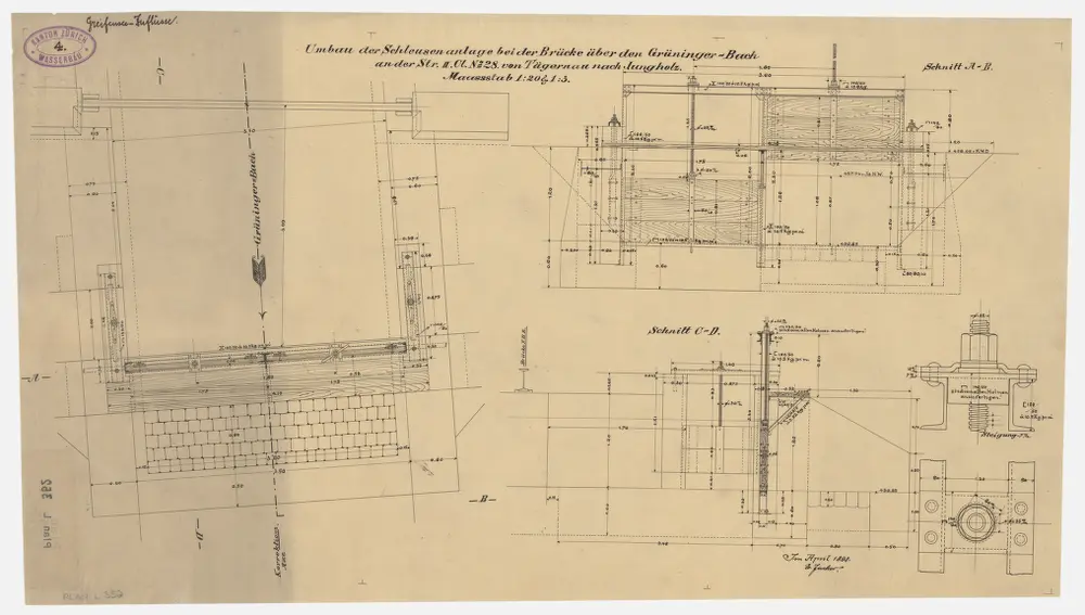 Gossau: Aa (Grüninger Aabach), Umbau der Schleusenanlage bei der Brücke Tägernau-Jungholz; Grundriss und Schnitte