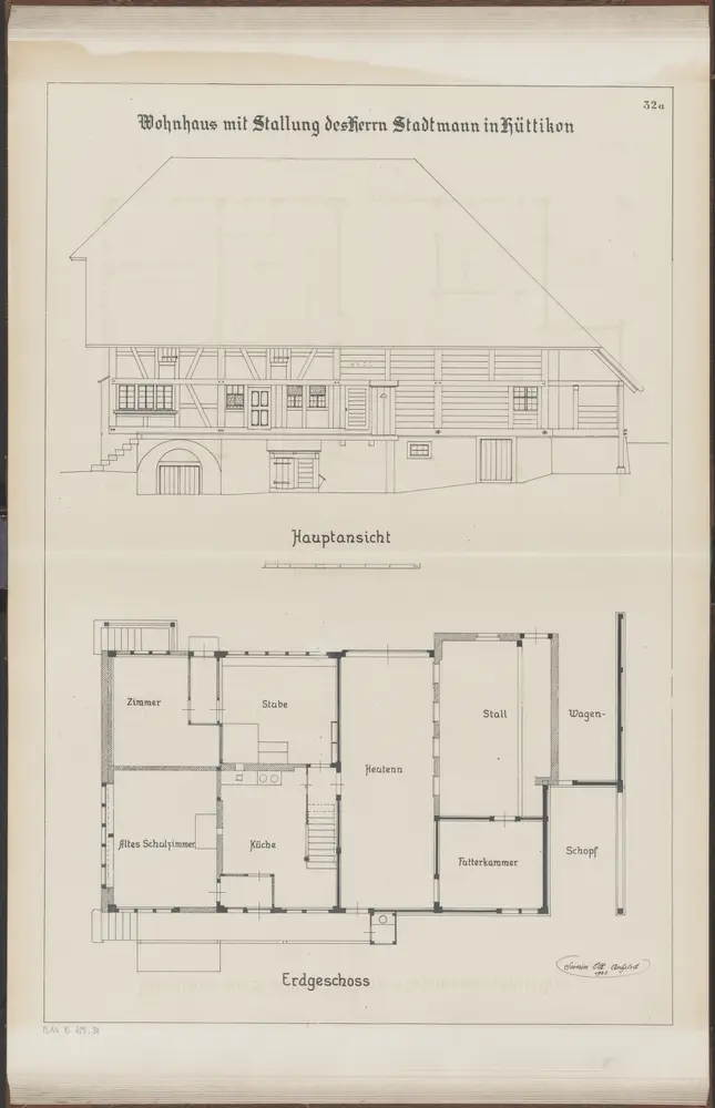 Das Bauernhaus im Kanton Zürich: Hüttikon: Wohnhaus mit Stallung von Herrn Stadtmann; Ansicht und Grundriss (Nr. 32 a)