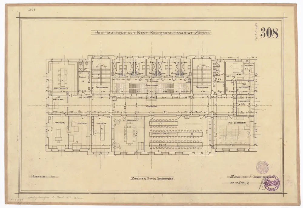 Polizeikaserne und kantonales Kriegskommissariat: 2. Stock; Grundriss
