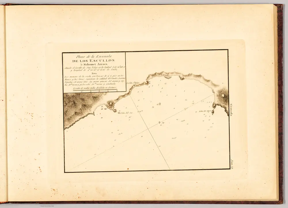 Plano de la ensenada de Los Escullos ò Mahomet Arraez, situado el castillo de San Felipe en la latitud N. de 36°. 48'. 00". y longitud de 4°. 15'. 10". al este de Cadiz