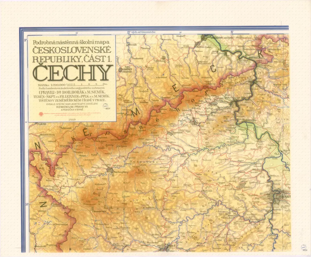 Podrobná nástěnná školní mapa Československé Republiky, část 1.: Čechy