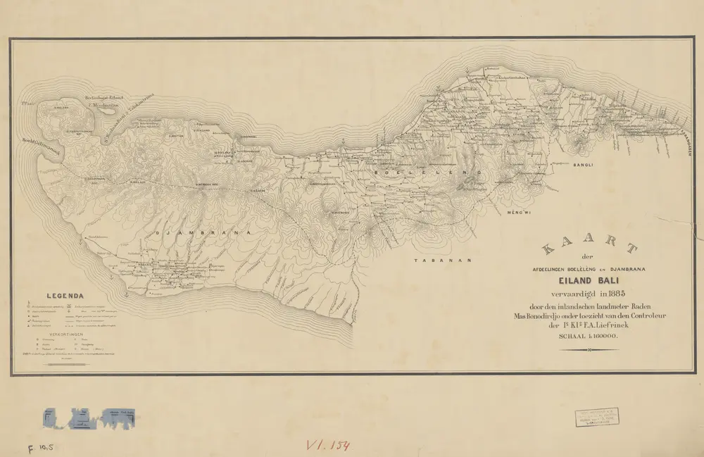 Kaart der Afdeelingen Boeleleng en Djambrana, Eiland Bali / vervaardigd in 1885 door den inlandschen landmeter Raden Mas Ronodirdjo onder toezicht van den Controleur 1ste Kl[asse] F.A. Liefrinck