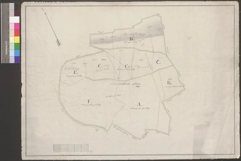 HZAN GA 100_Nr. 312_ : Oberhof (Kr. Öhringen); "Das Hällische Holz";ohne Verfasser;40 Ruten = 9,4 cm;71 x 50,5 cm; Norden links oben;Papier auf Leinwand; Federzeichnung; Grenze farbig behandelt; Höhenschraffen.