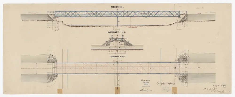 Zürich: Brücke über die Sihl bei der Allmend in Wollishofen; Seitenansicht, Grundriss und Querschnitt