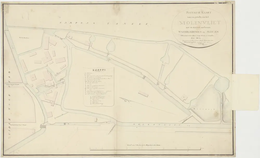 "Situatiekaart van een gedeelte van het Molenvliet met de daaruit ontleende waterleidingen en sluizen behoorende tot de hout-, zaag-, koorn- en vervallen kruidmolens."