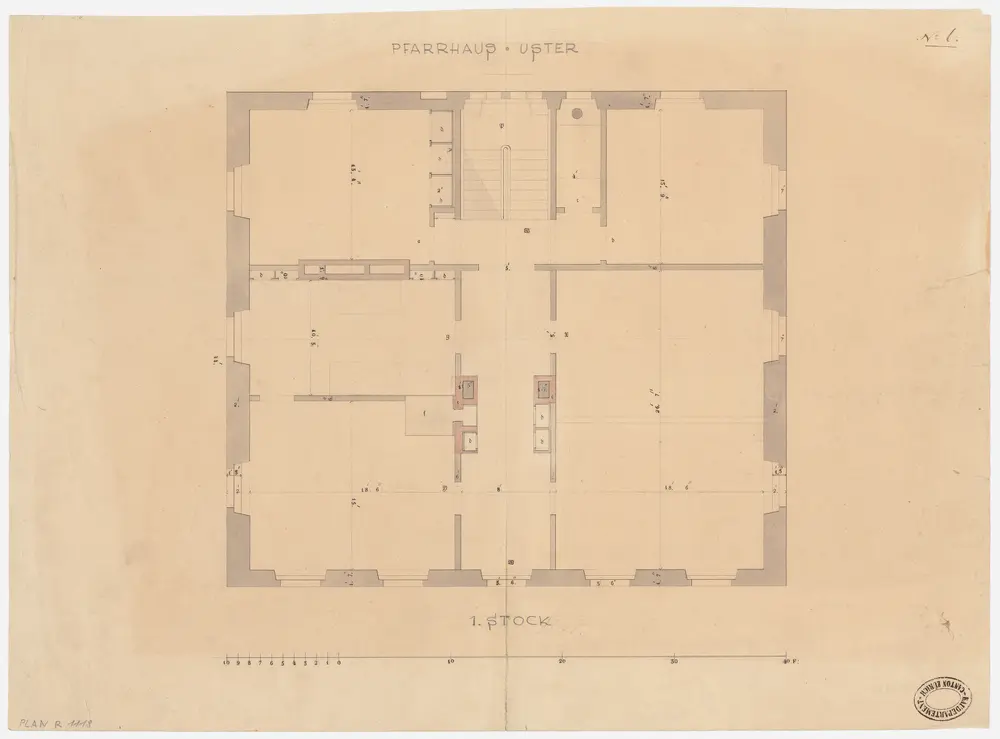 Uster: Pfarrhaus, 1. Stock mit Kamineinbauten; Grundriss (Nr. 6)