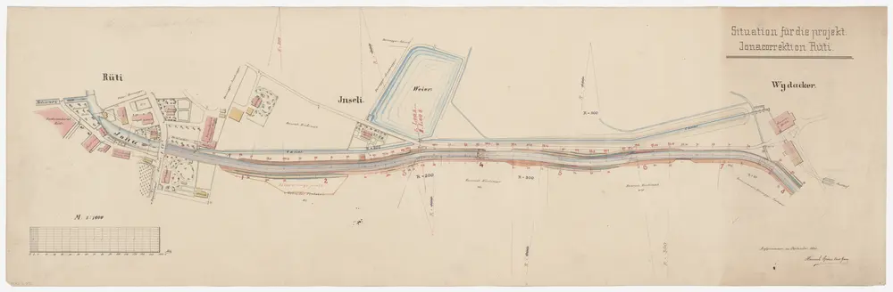 Rüti: Jona von der Einmündung der Schwarz bis Wydacker, projektierte Jonakorrektion; Situationsplan