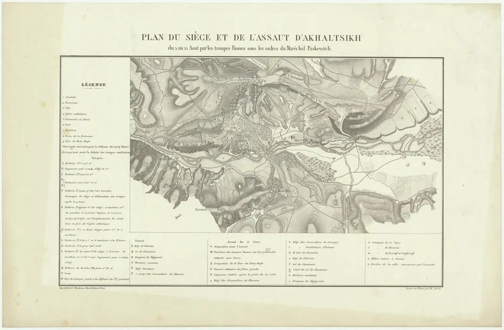 Plan du siége et de l'assaut d' Akhaltsikh du 5 au 15 aout par les troupes Rousses sous les ordres du Maréchal Paskewitch