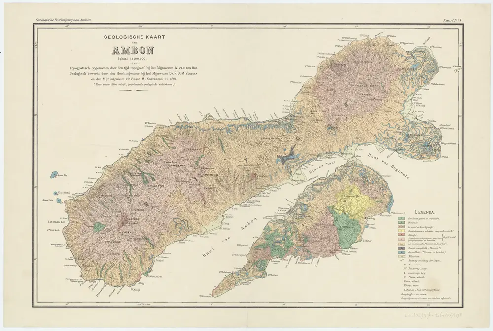 Geologische kaart van Ambon / topografisch opgenomen door den tijd[elijk] topograaf bij het Mijnwezen W. van den Bos ; Geologisch bewerkt door den Hoofdingenieur bij het Mijnwezen Dr. R.D.M. Verbeek en den Mijningenieur 1ste klasse M. Koperberg in 1898