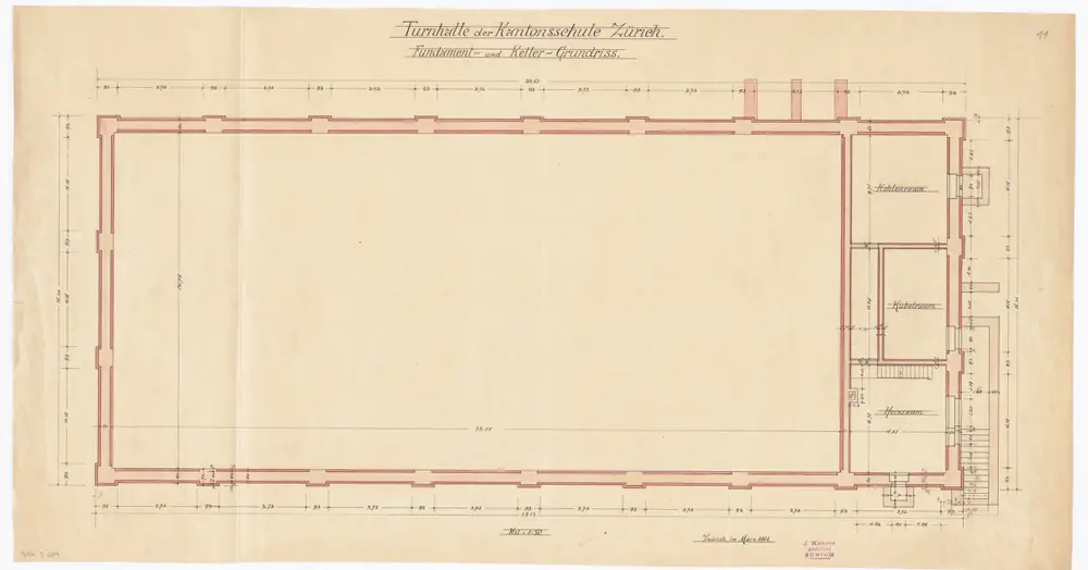 Kantonsschule, projektierte Turnhalle: Fundament und Keller; Grundriss