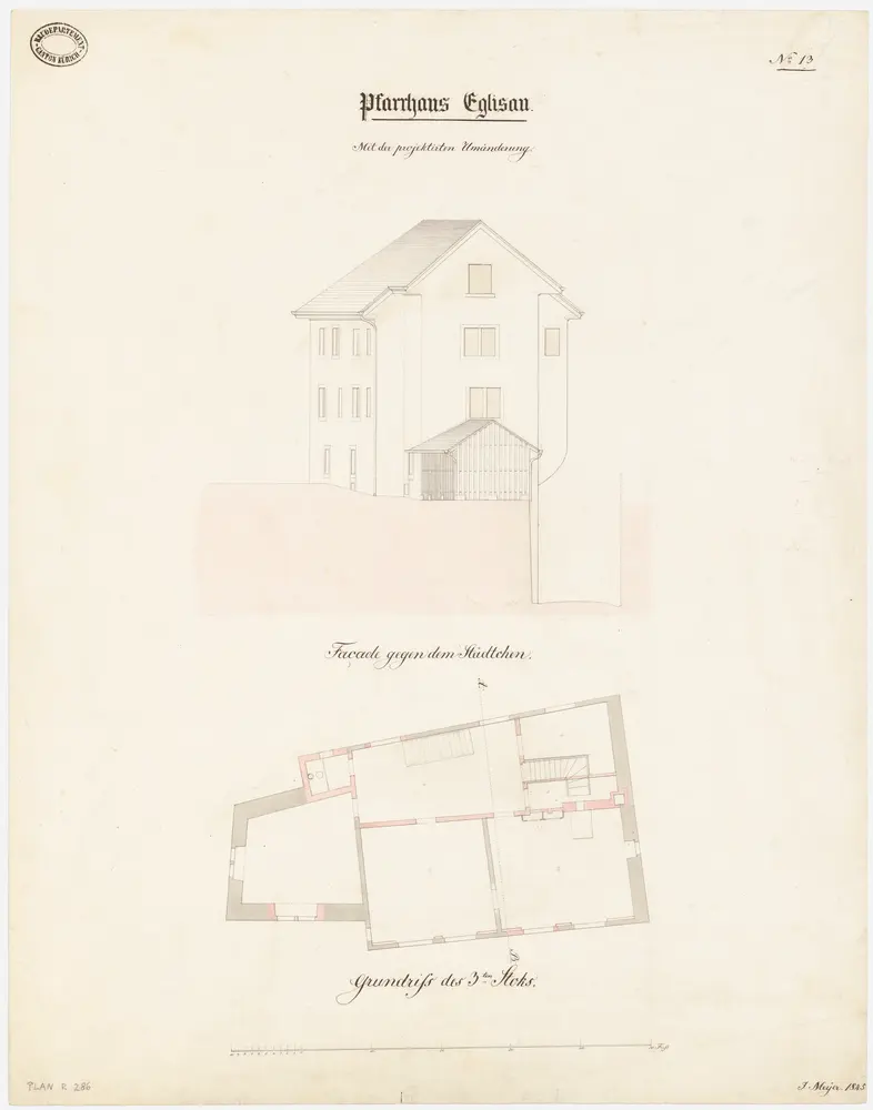 Eglisau: Pfarrhaus, projektierter Umbau; Westansicht und Grundriss des 3. Stocks (Nr. 13)