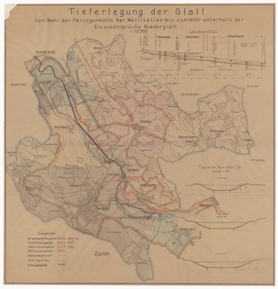 Wallisellen bis Niederglatt: Wehr der Herzogenmühle bis unterhalb der Eisenbahnbrücke in Niederglatt, Tieferlegung der Glatt; Situationsplan, Längsprofil und Querprofile