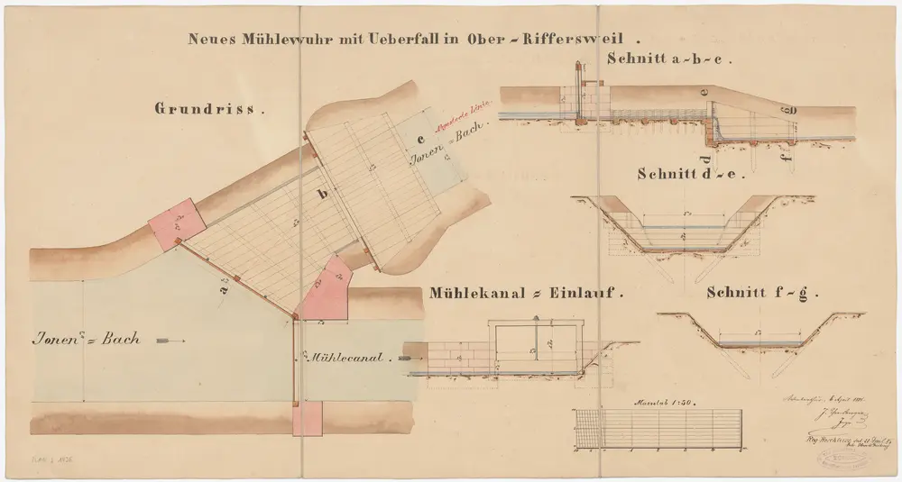 Rifferswil: Oberrifferswil, neues Mühlewehr samt Mühlekanaleinlauf; Grundriss, Ansicht und Schnitte