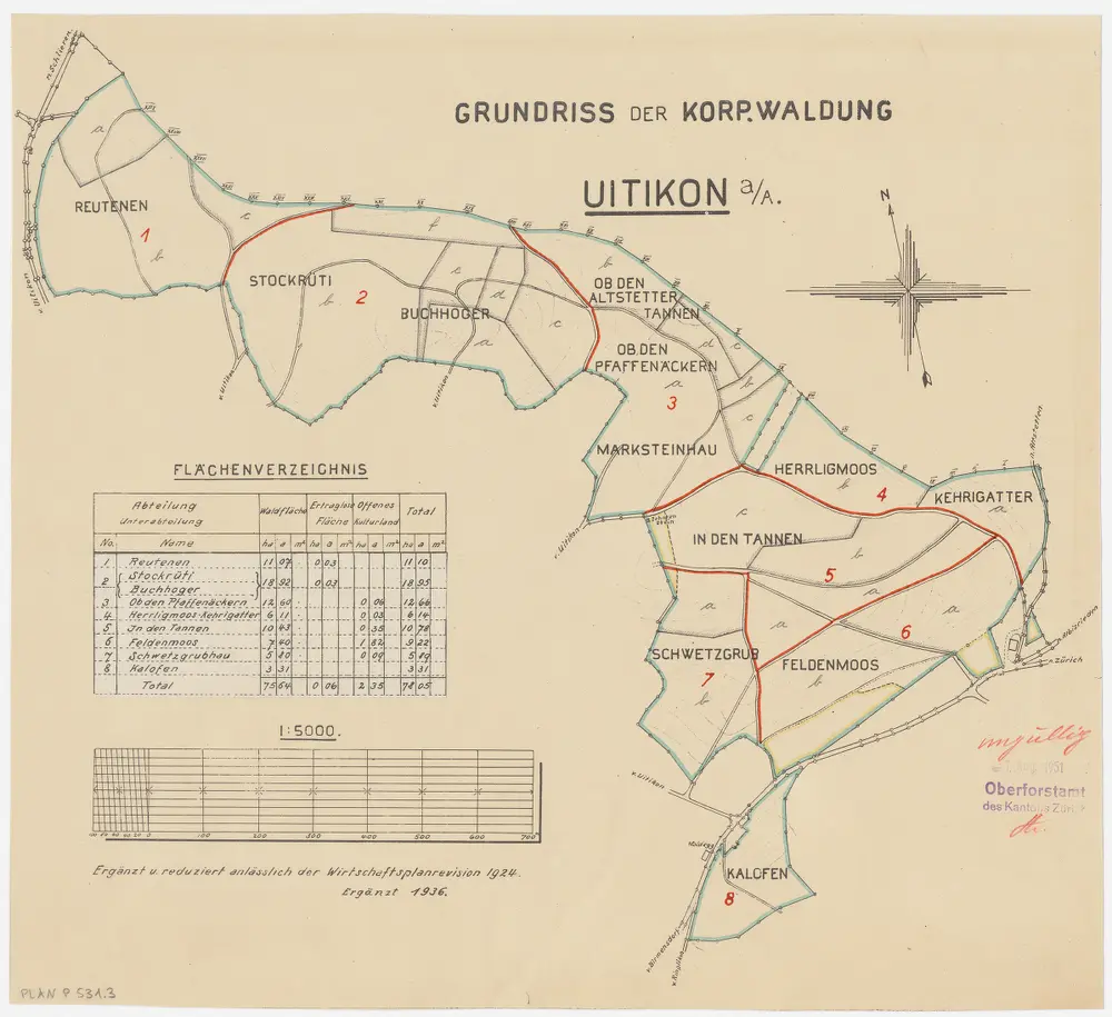 Uitikon: Genossenschaftswaldung: Rütenen (Reutenen), Stockrüti, Ob den Pfaffenächern (Pfaffenäckern), Buechhoger (Buchhoger), Tannen, Feldermoos, Herrligmoos, Cherigatter (Kehrigatter), Schwerzgrueb (Schwetzgrub), Chalofen (Kalofen); Grundriss