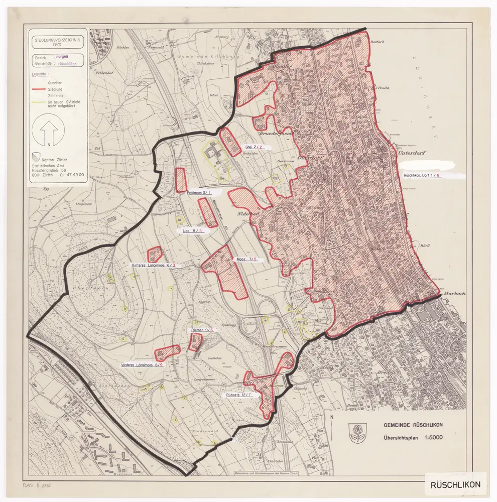 Rüschlikon: Definition der Siedlungen für die eidgenössische Volkszählung am 01.12.1970; Siedlungskarte