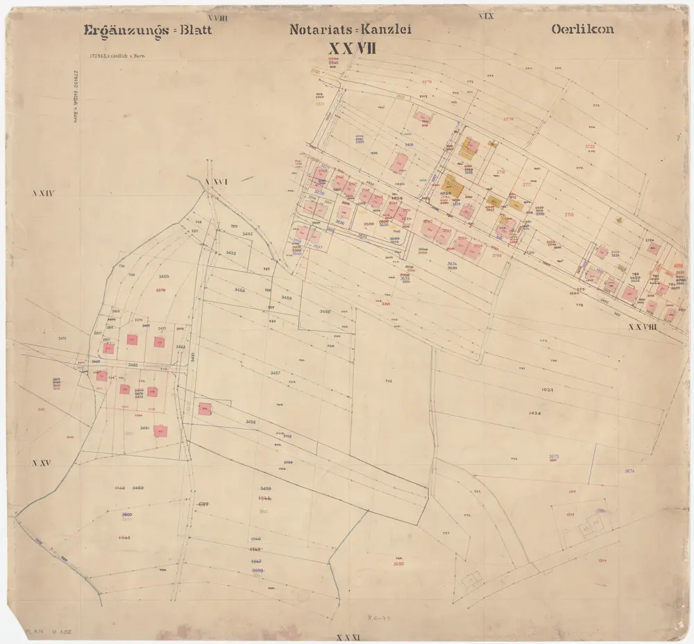 Oerlikon: Gemeinde; Kataster-Ergänzungspläne: Ergänzungsblatt XXVII: Rässler, Kirchenäcker, Lebern, Küchiäcker, Breite, Schuppis, Garwieden; Situationsplan