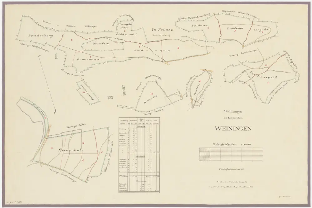 Weiningen: Genossenschaftswaldungen Bruederberg (Bruderberg), Bruederhau (Bruderhau), Altenvogsacher (Altenvogelsäcker), Eichlenwald, Weidgang, Bleichenen, Ämetshau (Emertshau), Langäcker, Chnebelhölzli (Knebelhölzli), Äbersol (Ebersohl), Zil (Vorderzihl), Bittenloo (Bittenloh), Forbüel (Fohrbühl),