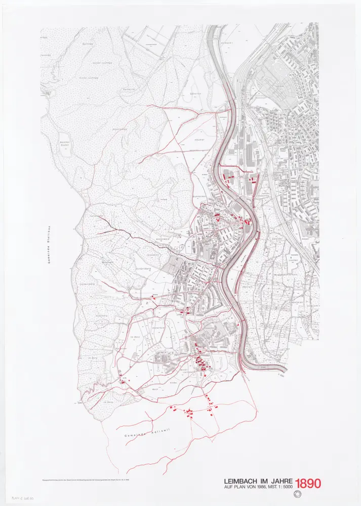 Historische Bauzustände der Zürcher Aussenquartiere in 48 Blättern: Leimbach im Jahre 1890 auf einem Plan von 1986; Übersichtsplan