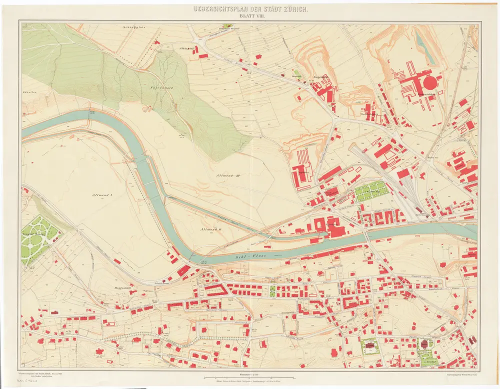 Übersichtsplan der Stadt Zürich und der umliegenden Gemeinden in 23 Blättern: Blatt VIII: Teile von Wollishofen, Wiedikon und Enge