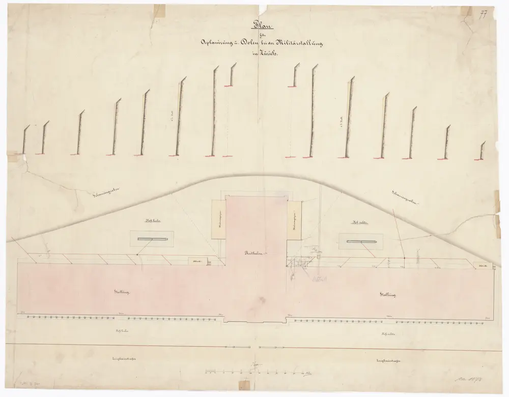 Projektierte Kaserne, Pferdestallungen und Reitbahn: Abplanierung und Dolen; Grundriss
