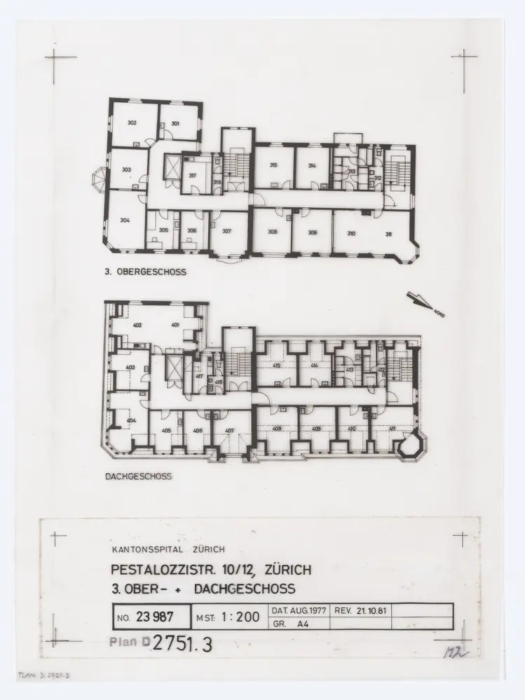 Liegenschaft Pestalozzistrasse 10 und 12, Aussenstation des Kantonsspitals: Grundrisse: 3. Stock und Dachgeschoss; Grundriss