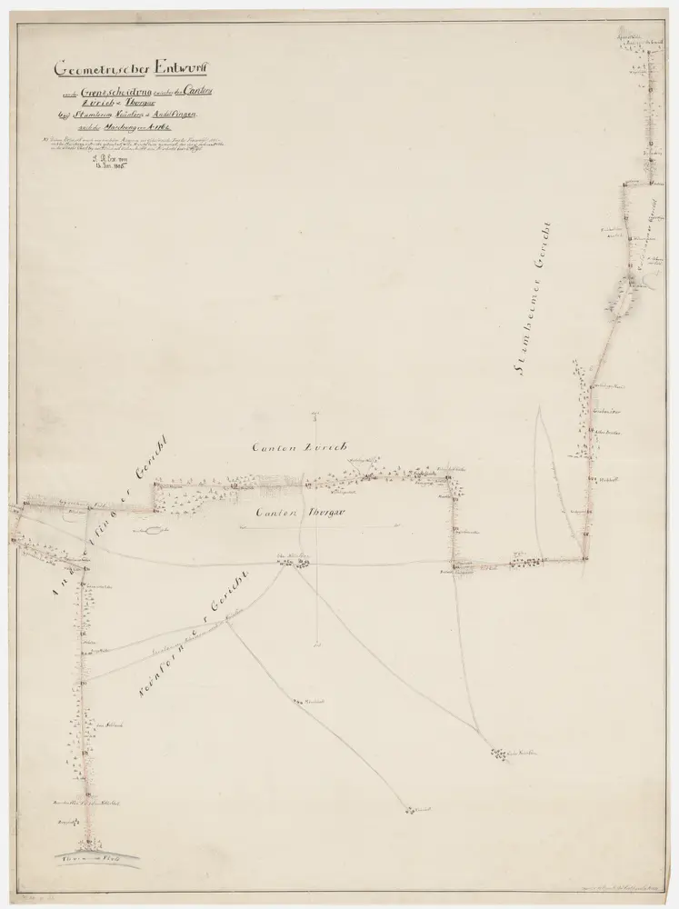 Grenze zwischen den Kantonen Zürich und Thurgau bei Stammheim, Neunforn und Andelfingen nach der Vermarkung von 1762; Übersichtsplan