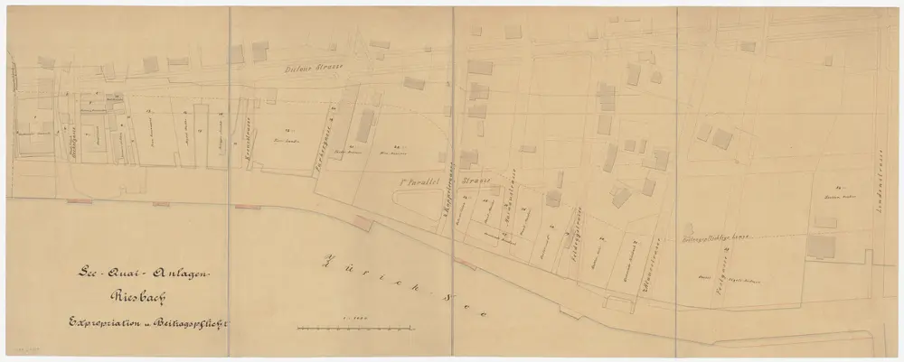 Riesbach: Rechtes Zürichseeufer, projektierte Seequaianlage, Katasterplan für Expropriationen und Beitragspflicht; Situationsplan