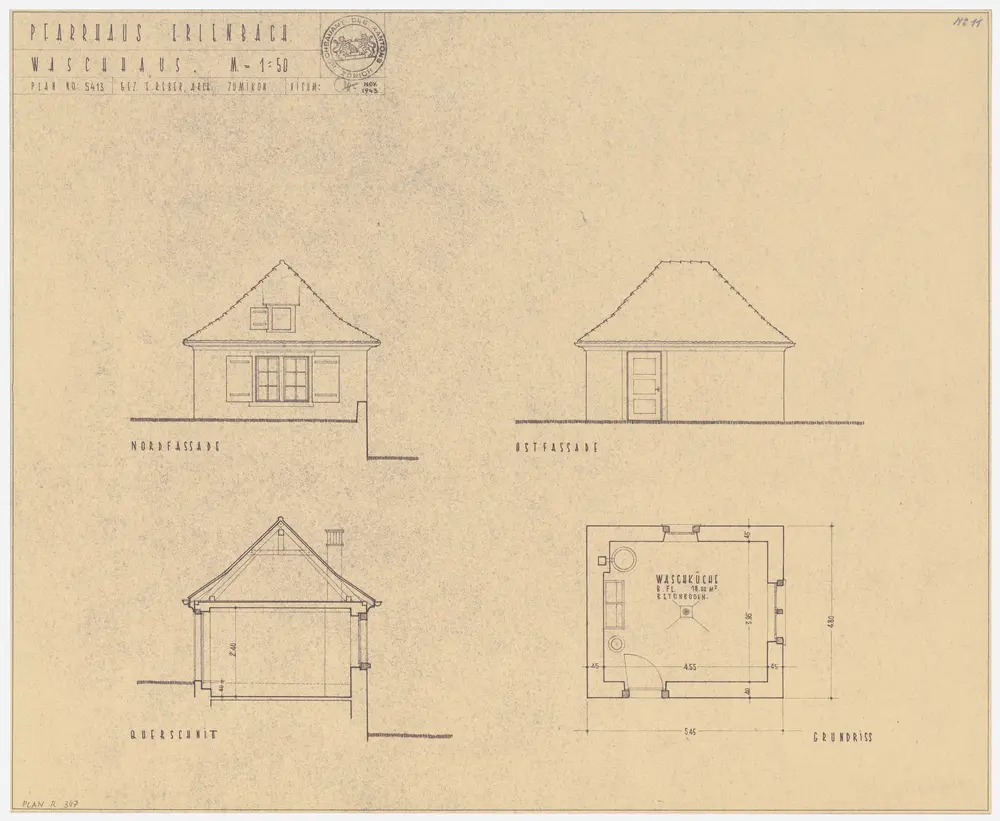 Erlenbach: Waschhaus; Nord- und Ostansichten, Querschnitt und Grundriss (Nr. 11)