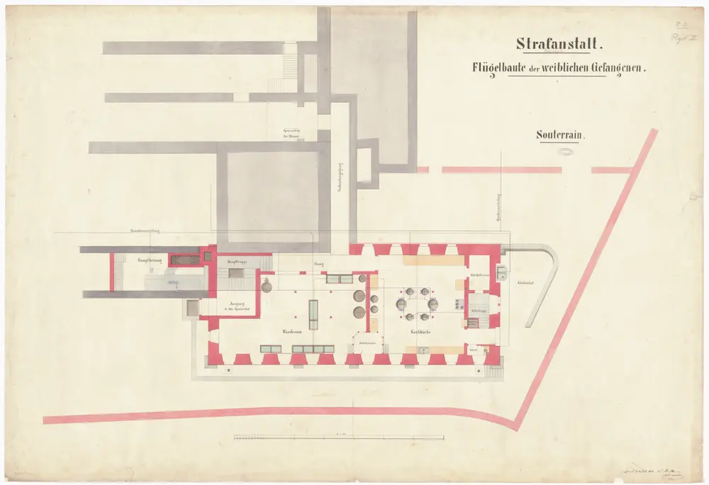 Kantonale Strafanstalt Oetenbach: Um- und Ausbau; Flügel für weibliche Gefangene, Kellergeschoss; Grundriss (2. Projekt)