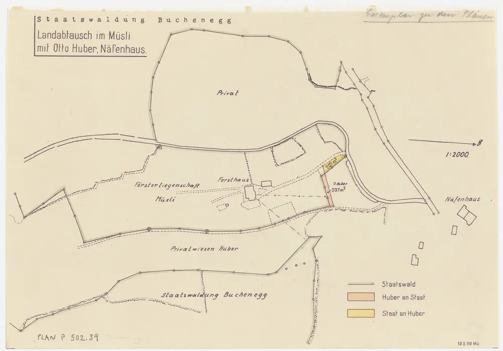 Stallikon, Adliswil, Aeugst am Albis, Langnau am Albis: Staatswaldung Buechenegg: Stallikon: Landabtausch im Müsli mit Otto Huber, im Näfenhaus; Grundriss