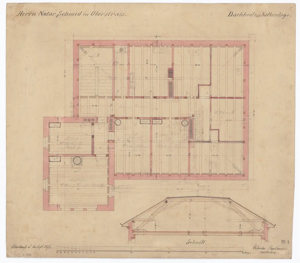 Haus von Herrn Schmid, Notar, Universitätstrasse 38: Dachbodenbalkenlage, Grundriss und Schnitt