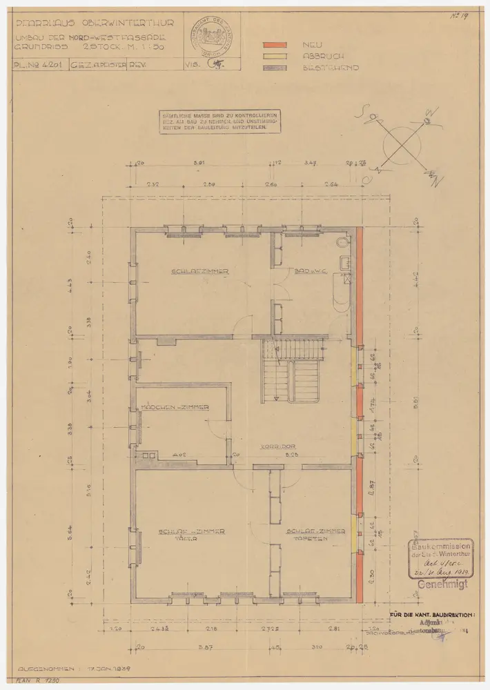 Oberwinterthur: Pfarrhaus, projektierter Umbau der Nordwestfassade, 2. Stock (Variante 2); Grundriss (Nr. 19)