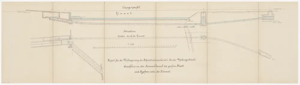 Zürich, Unterstrass: Beim Schlachthaus, Verlängerung der Sammelkanäle bis zur Wipkingerbrücke, Anschluss an den Sammelkanal der kleinen Stadt und Syphon unter die Limmat; Situationsplan und Längsprofil