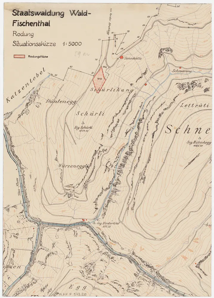 Wald, Fischenthal, Goldingen SG: Waldungen: Fischenthal: Staatswaldung Schürli (Rodungsfläche am Schürlihang); Situationsplan