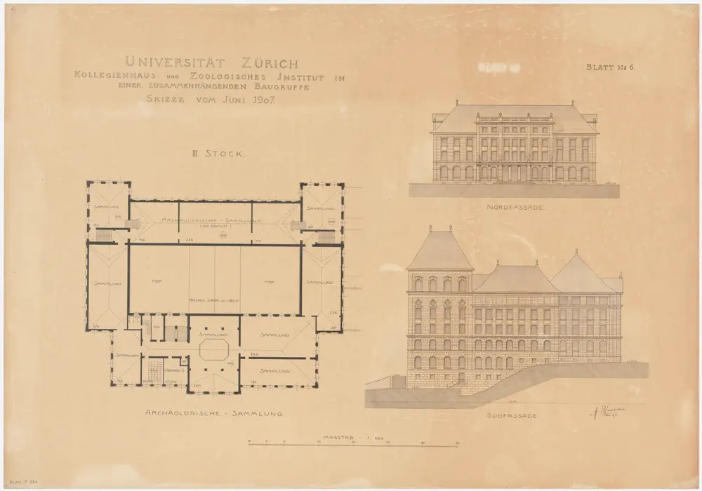 Zürich: Universität, Kollegienhaus und Zoologisches Institut; Grundriss des 3. Obergeschosses sowie Ansichten der Nord- und Südfassaden