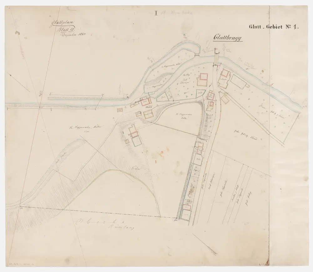 Opfikon bis Oberglatt: Grundeigentümer entlang der Glatt; Grundrisse (Glatt-Gebiet Nr. 1): Blatt I: Opfikon bei der hölzernen Brücke in Glattbrugg; Grundriss (Glatt-Gebiet Nr. 1)