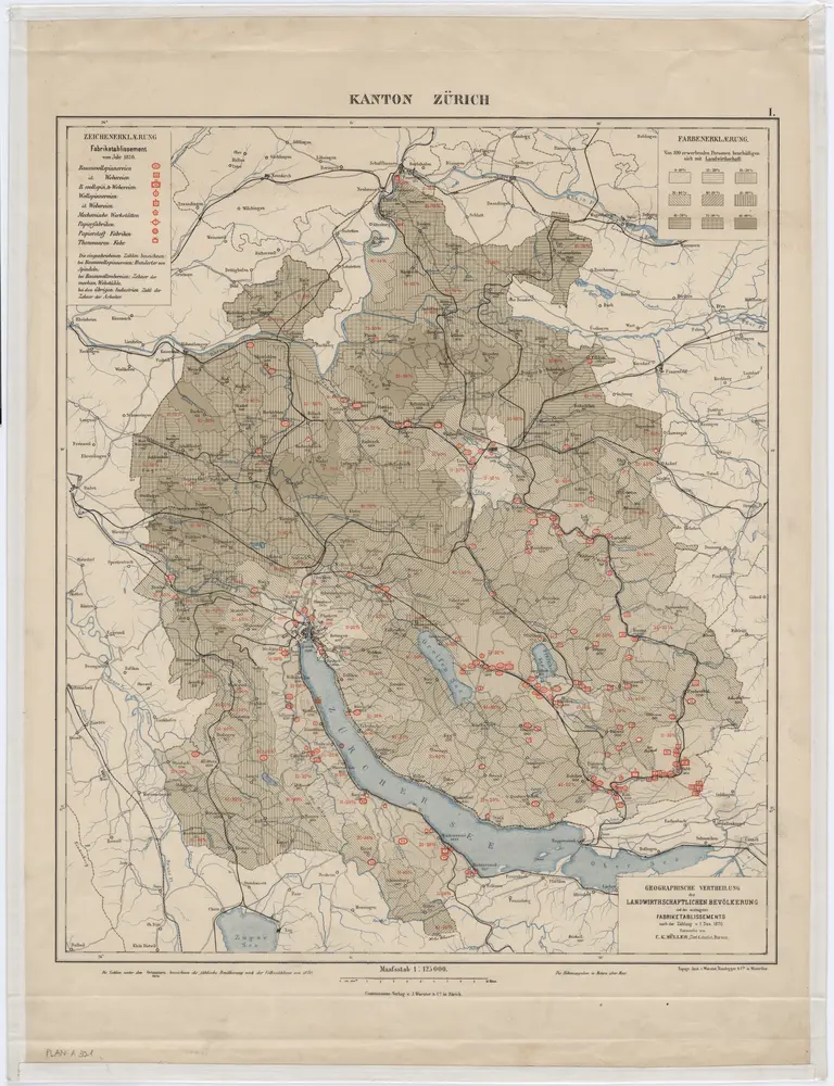 Kanton Zürich: Geographische Verteilung der landwirtschaftlichen Bevölkerung und der wichtigsten Fabriketablissements nach der Zählung vom 01.12.1870: Originalkarte