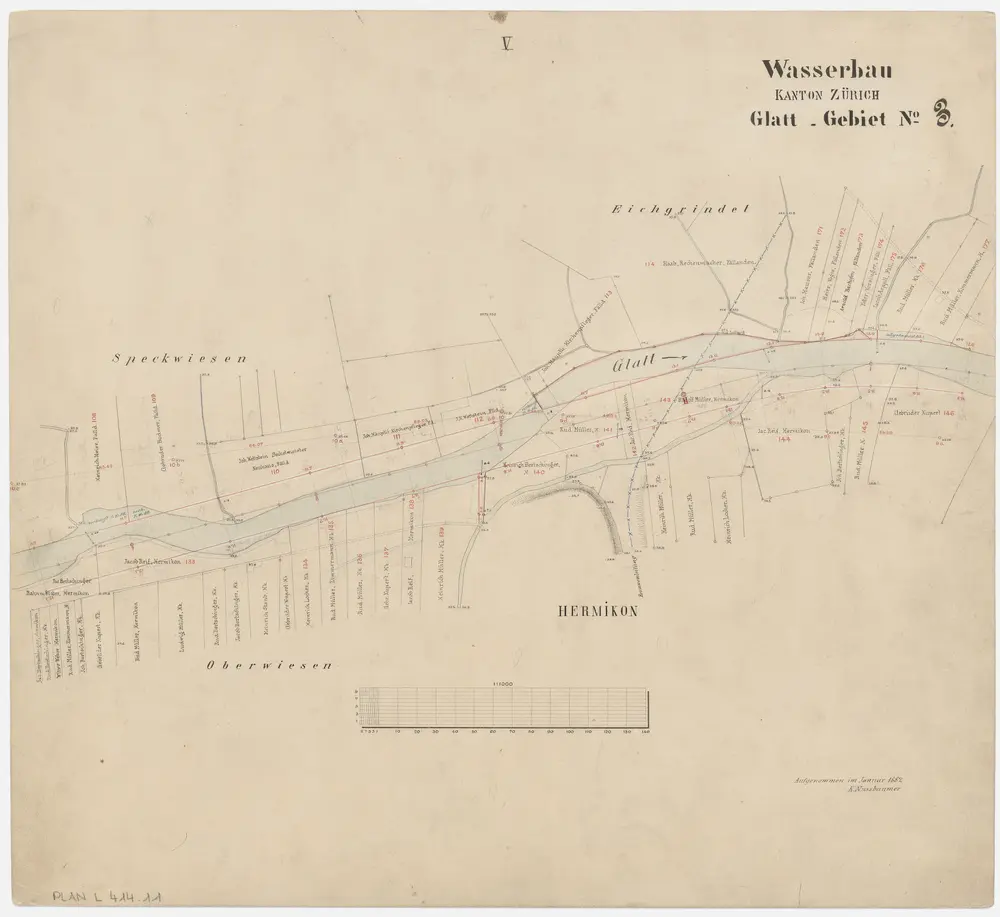 Fällanden bis Wallisellen: Greifensee bis zum Neugut in Wallisellen, projektierte Glattkorrektion; Grundrisse (Glatt-Gebiet Nr. 3): Blatt V: Glatt in Dübendorf-Hermikon; Grundriss (Glatt-Gebiet Nr. 3)