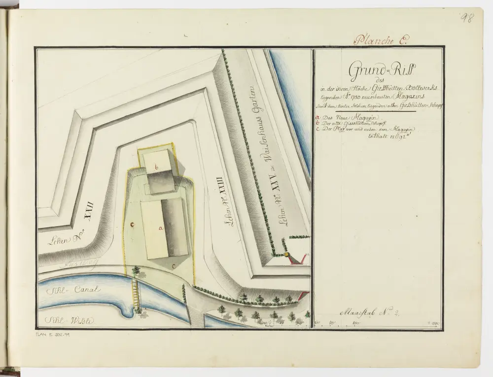 Zürich: Dem Spital Zürich gehörende Lehen in den Fortifikationswerken; Ansichten, Grundrisse und Schnitte: Neu erbautes Magazin beim Giesshütten-Bollwerk; Grundriss