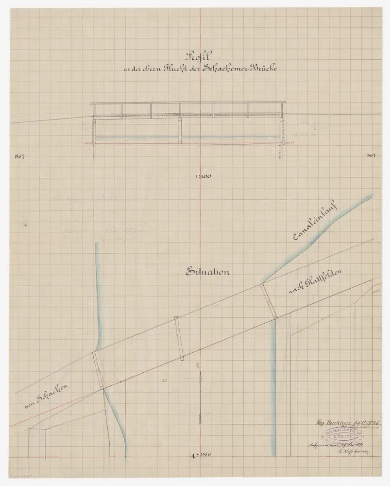 Glattfelden: Brücke über die Glatt bei Schachen; Situationsplan und Profil
