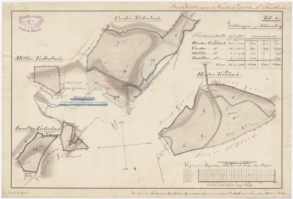 Schönenberg, Richterswil, Wädenswil: Staatswaldungen: Schönenberg: Hinter Teufenbach, Vorder Teufenbach, Mittler Teufenbach, Kaufter Teufenbach; Grundrisse (Tab. 8)