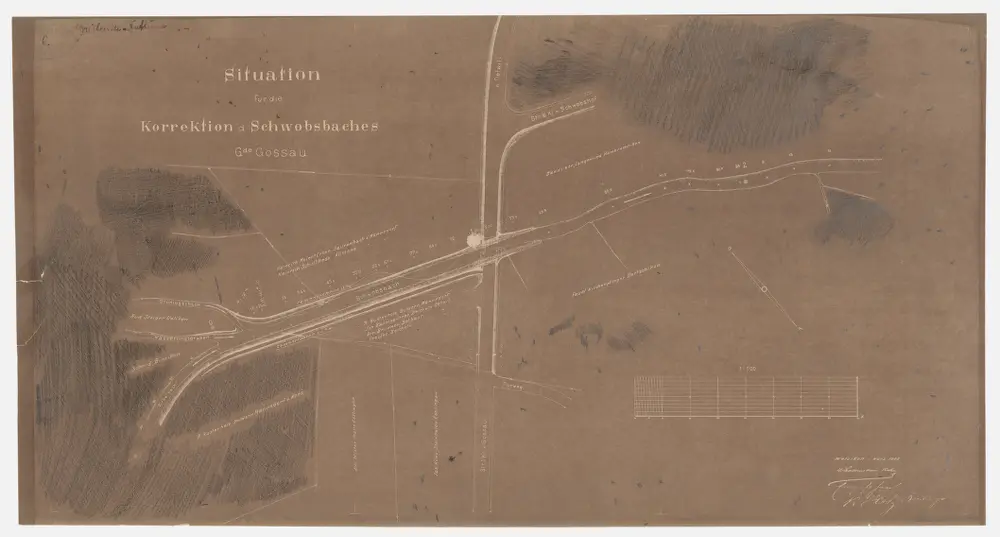 Gossau: Brücke der Strasse nach Oetwil am See, Korrektion des Schwobsbachs; Situationsplan