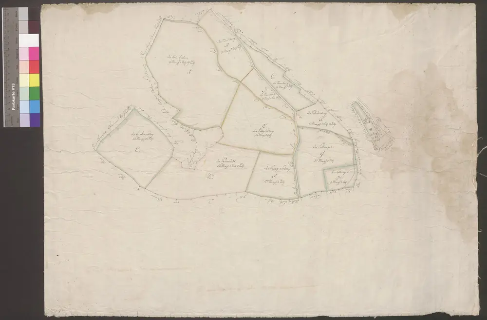 HZAN GA 100_Nr. 102_ : Hermersberg (Kr. Künzelsau); Forstkarte "Hohe Eiche bis Fellriegel";ohne Verfasser; ohne Meßgehalt;125 x 81 cm;Papier; Federzeichnung; nur Benennung der Flurnamen; Eintrag des Meßgehalts.