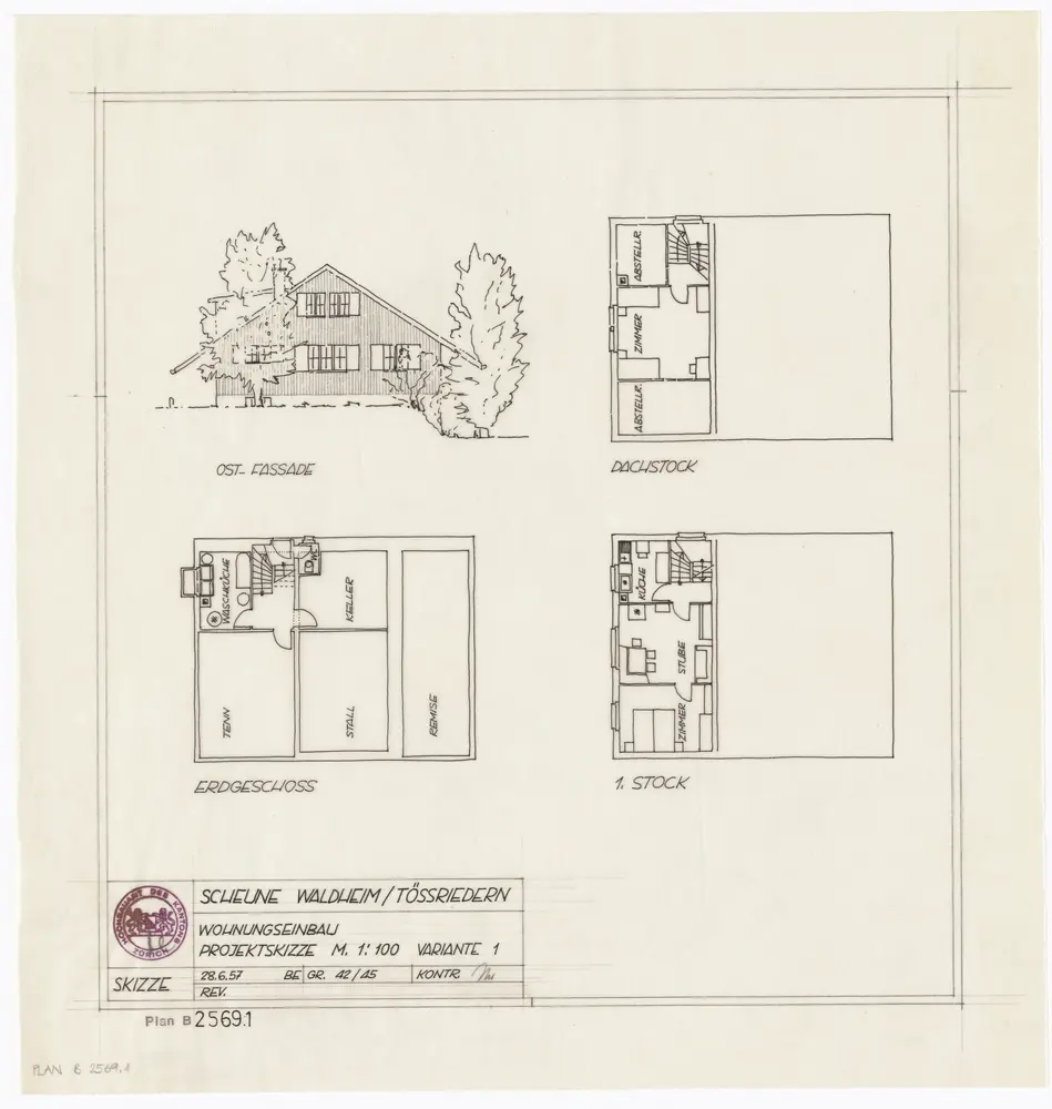 Eglisau: Forsthaus Waldheim in Tössriederen, projektierter Wohnungseinbau: Variante 1, Ostfassade, Erdgeschoss, 1. Stock und Dachstock; Ansicht und Grundrisse