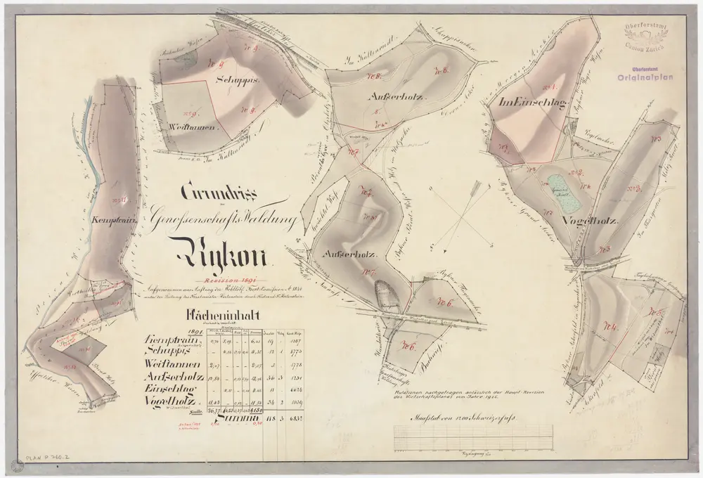 Illnau-Effretikon (damals Illnau): Genossenschaftswaldung Rikon: Vogelholz, Ischlag (Einschlag), Usserholz (Ausserholz), Schuepis (Schuppis), Weisstannen, Chämtenrain (Kemptrain); Grundrisse