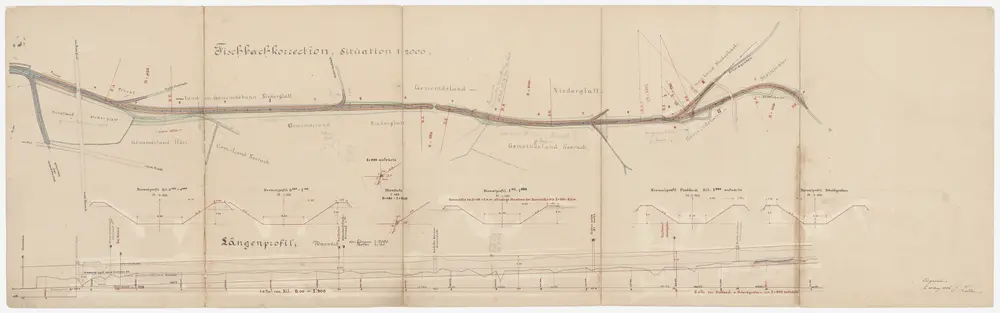 Niederhasli bis Höri: Fischbach oberhalb der Einmündung des Furtbachs (Scheidgraben) bis zur Einmündung des Saumbachs (Neerigraben), Fischbachkorrektion; Situationsplan, Längsprofil und Normalprofile (Glatt-Gebiet Nr. 10)